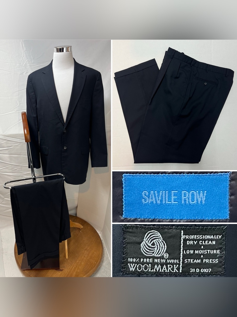 Savile Row Men's 44L Blazer 38x32 Pants Navy Blue Wool Pleated 2-button Suit